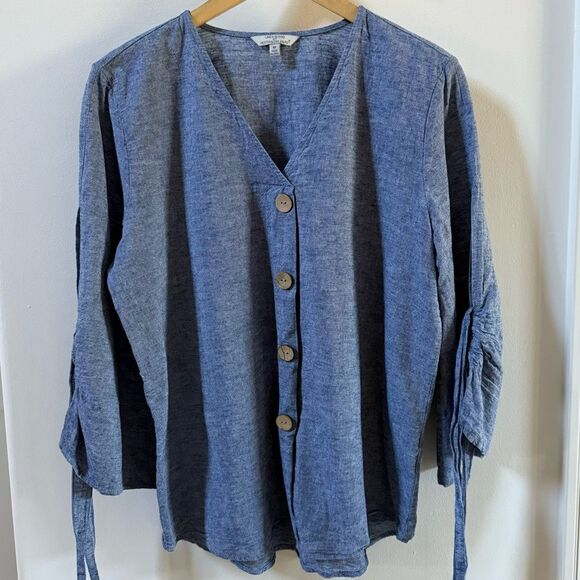Linen Blend By Hester & Orchard Linen Blend V Neck Tunic with Sleeve Tie M NWOT - Picture 11 of 14